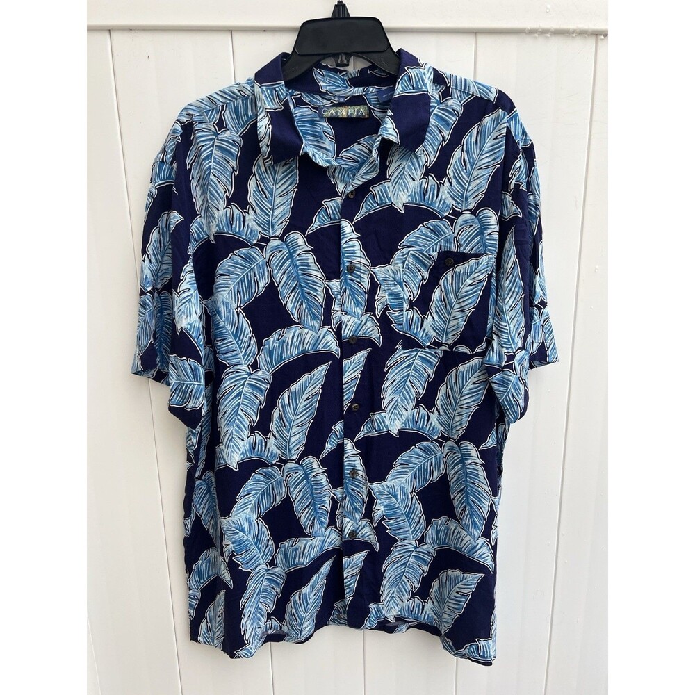 Campia Moda Hawaiian Shirt Mens XL Blue Tropical Rayon Palm Leaf